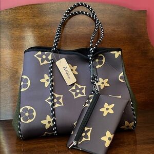 NWT Neoprene Brown and Gold Tote Bag with Pouch